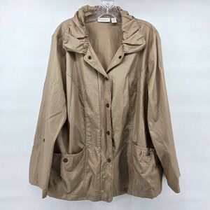 Chico's Windbreaker 3 XL Tan Bronze Ruffle Collar Rain Jacket Coastal Chic